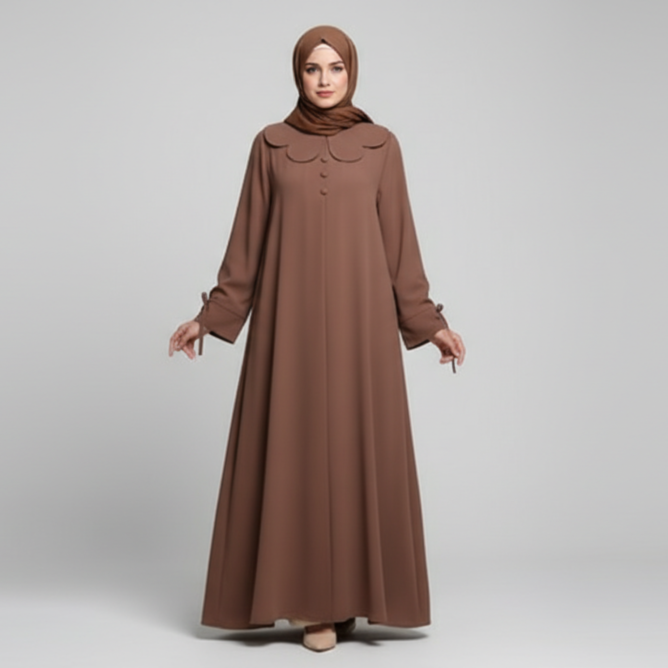 Petal Collar Buttoned Abaya- Brown