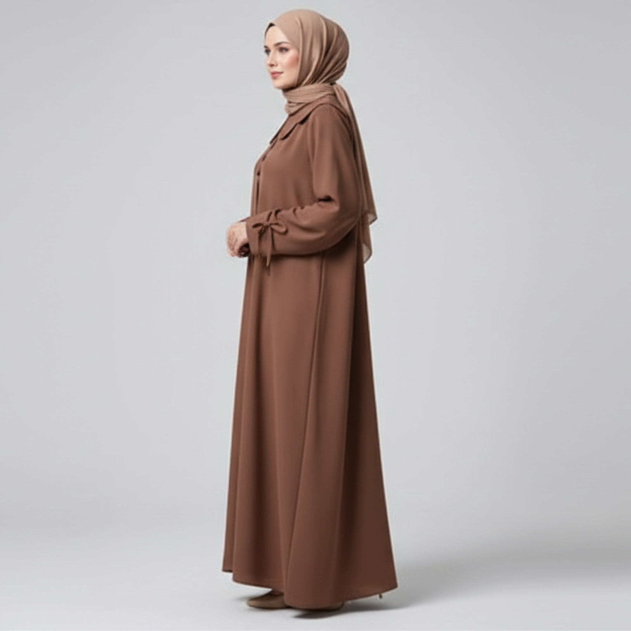 Petal Collar Buttoned Abaya- Brown