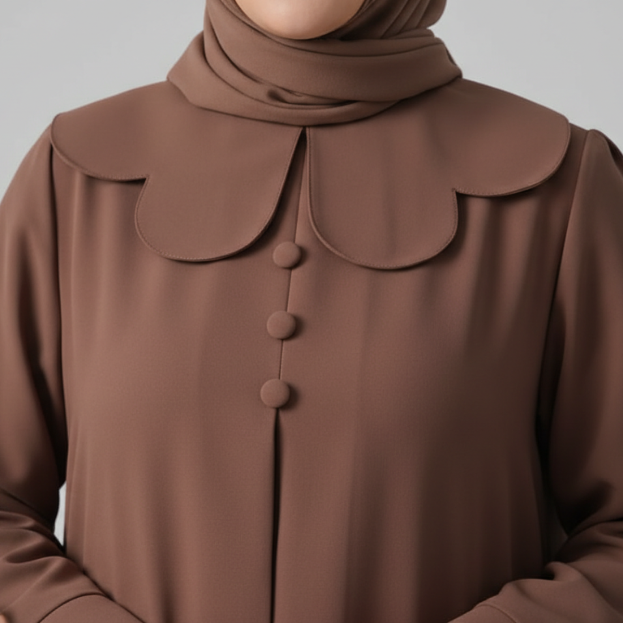 Petal Collar Buttoned Abaya- Brown
