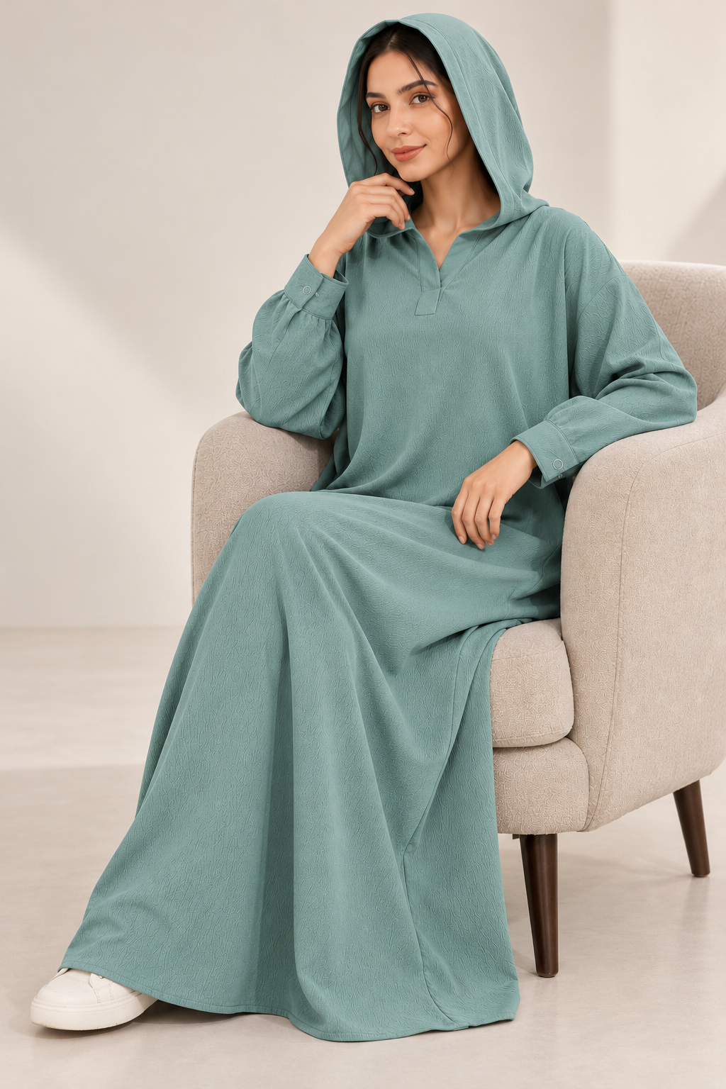 Textured Hooded Abaya – Sage