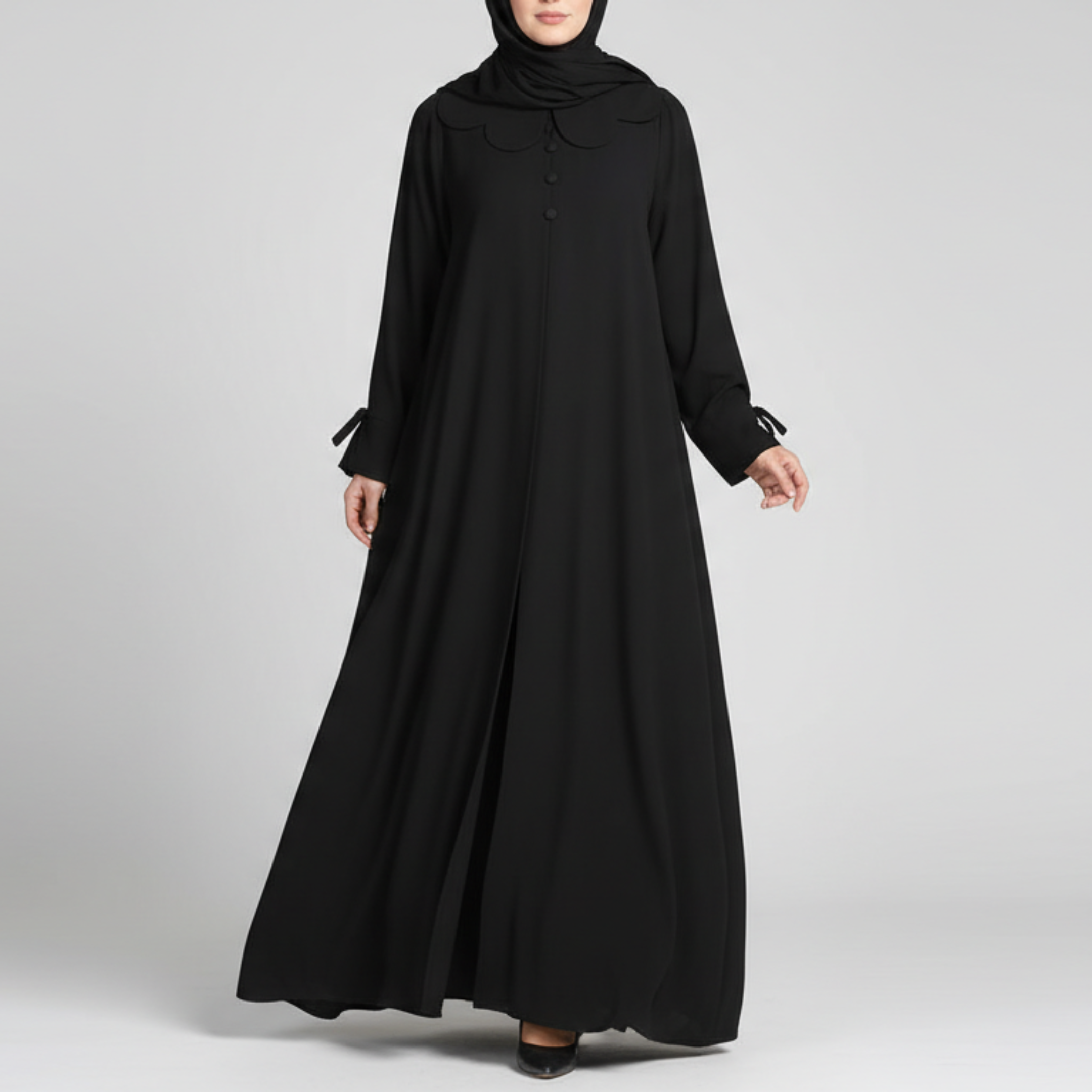 Petal Collar Buttoned Abaya- Black
