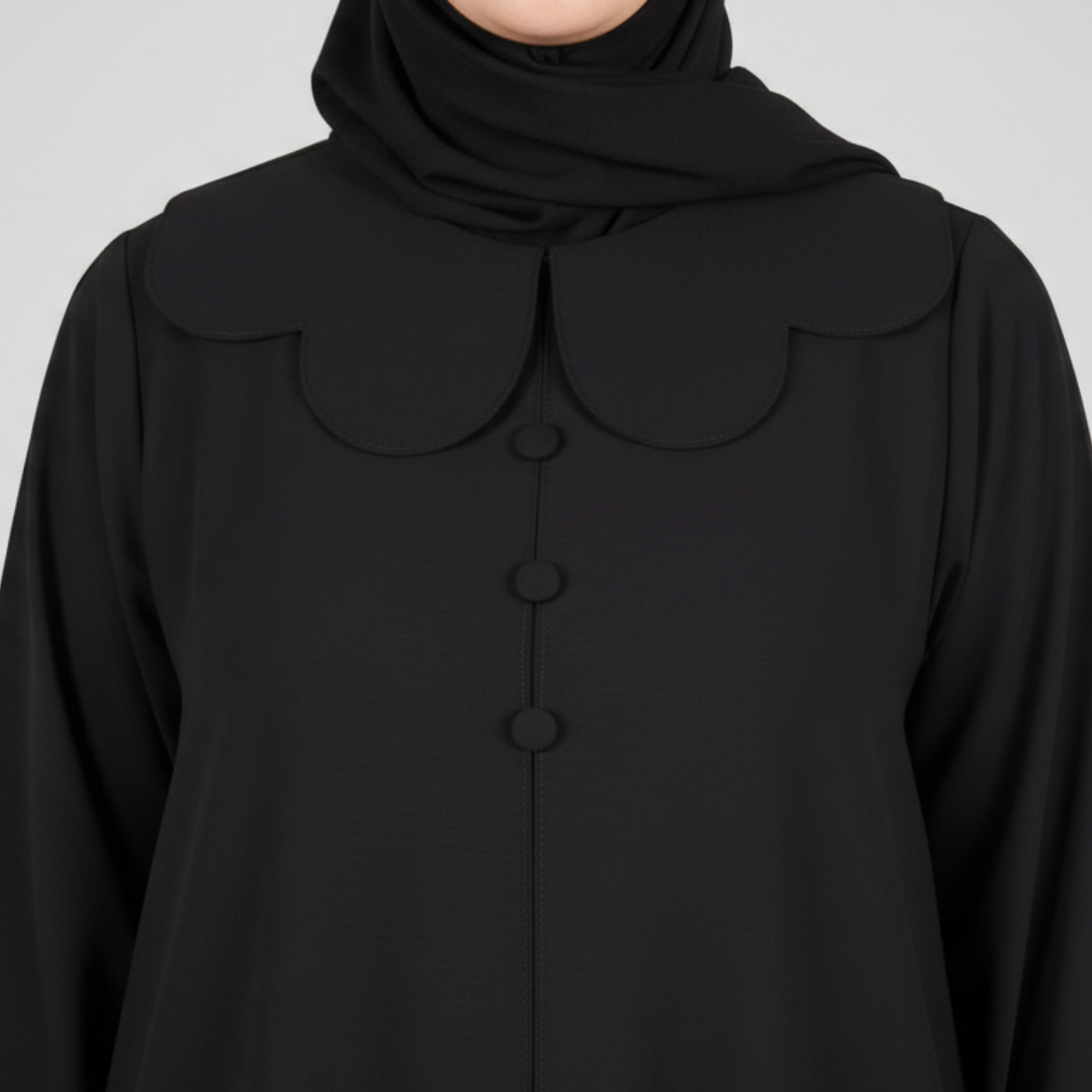 Petal Collar Buttoned Abaya- Black