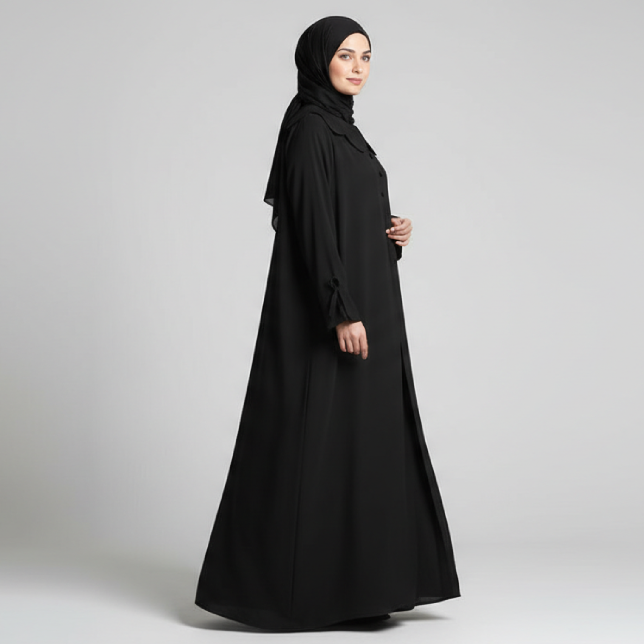 Petal Collar Buttoned Abaya- Black