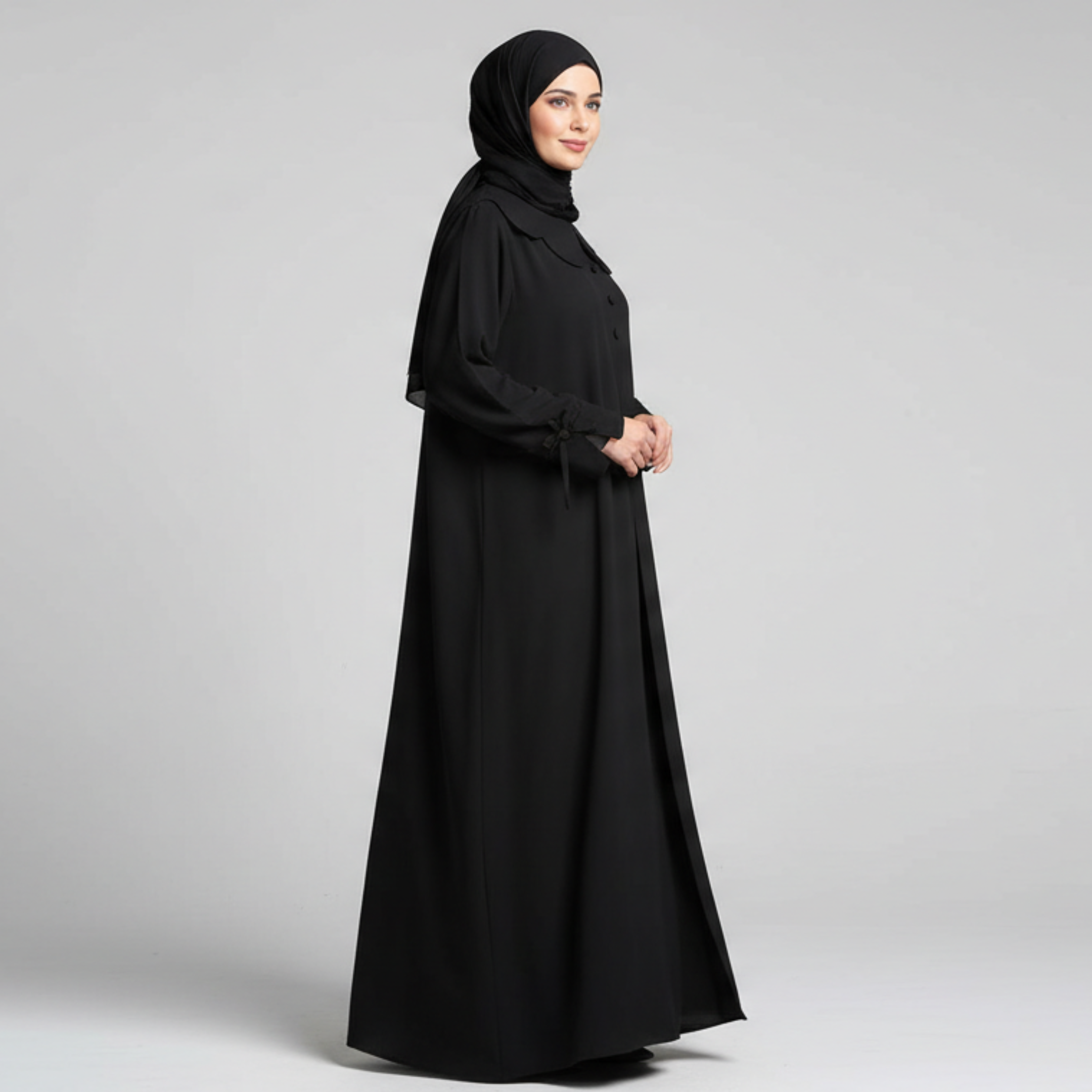 Petal Collar Buttoned Abaya- Black