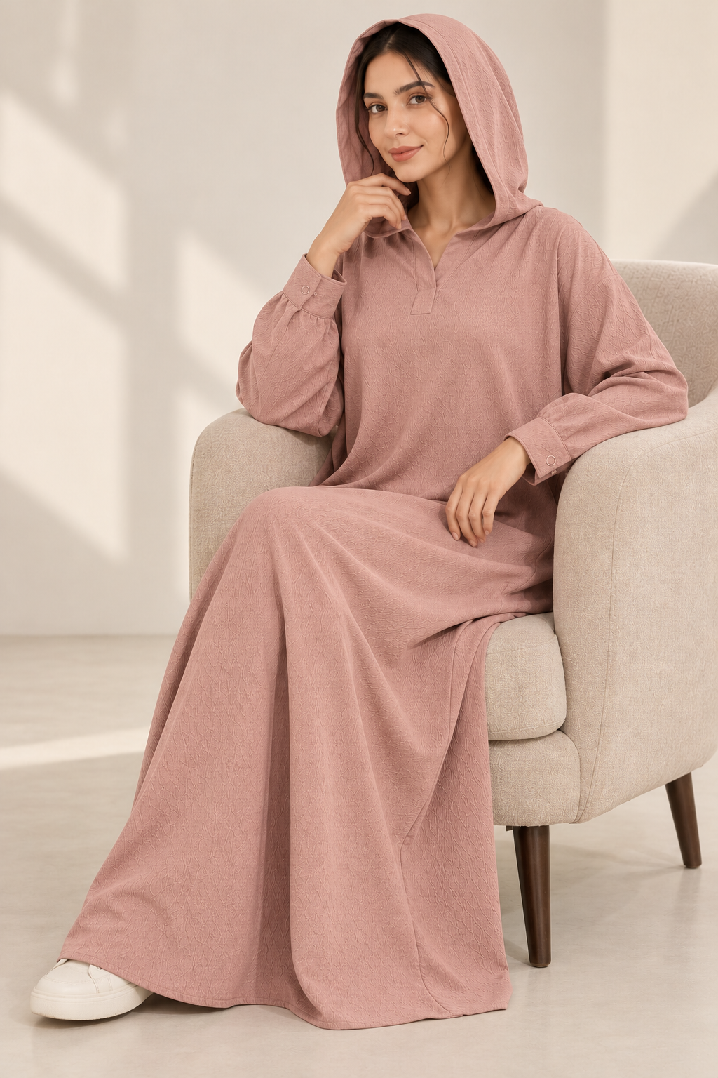 Textured Hooded Abaya-Blush Rose
