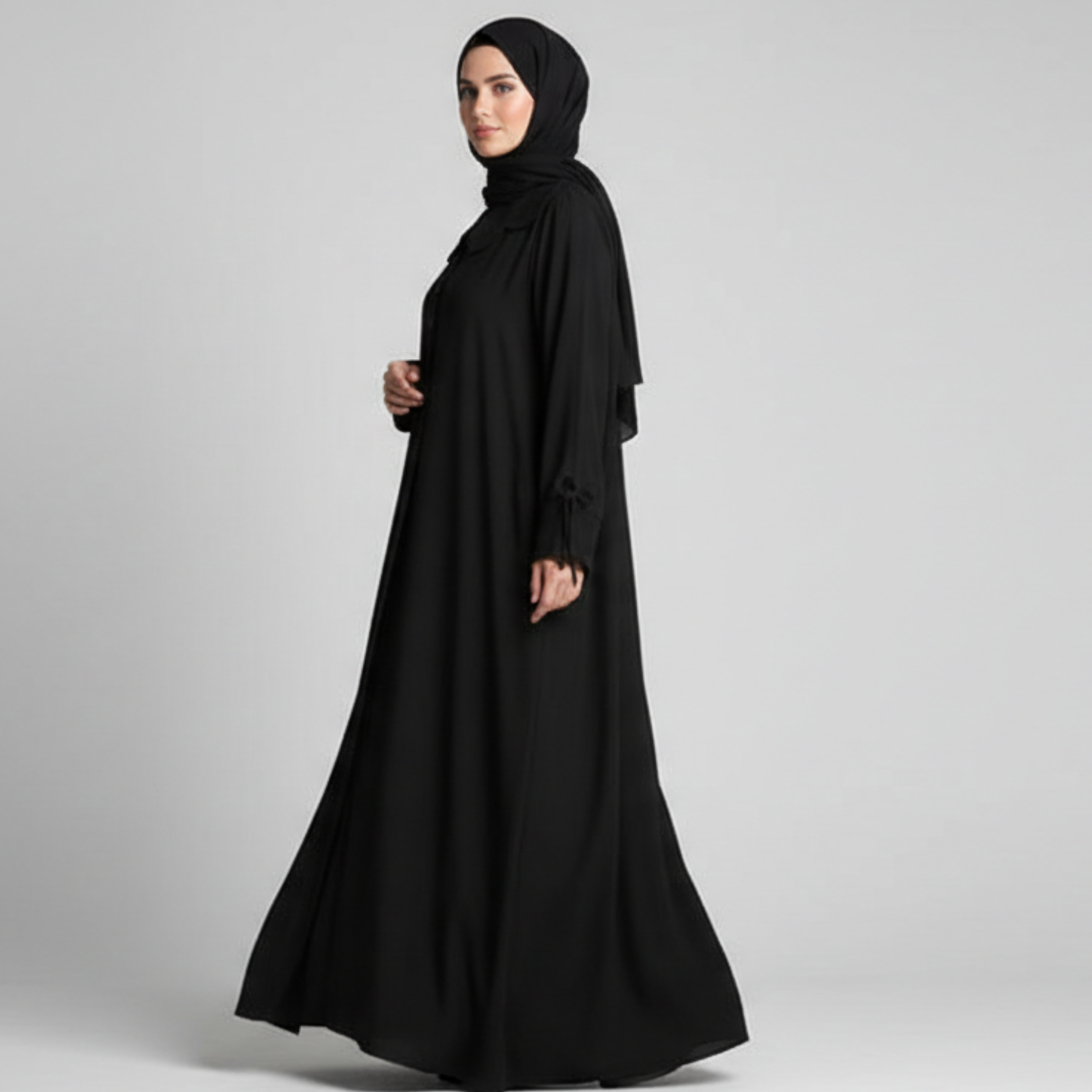 Petal Collar Buttoned Abaya- Black