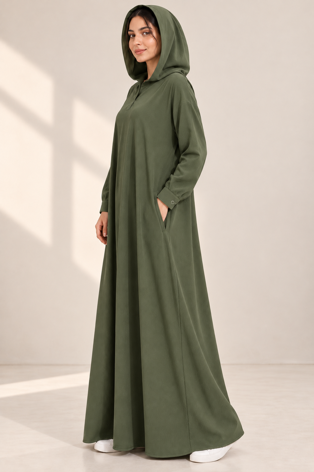 Textured Hooded Abaya – Olive Grace