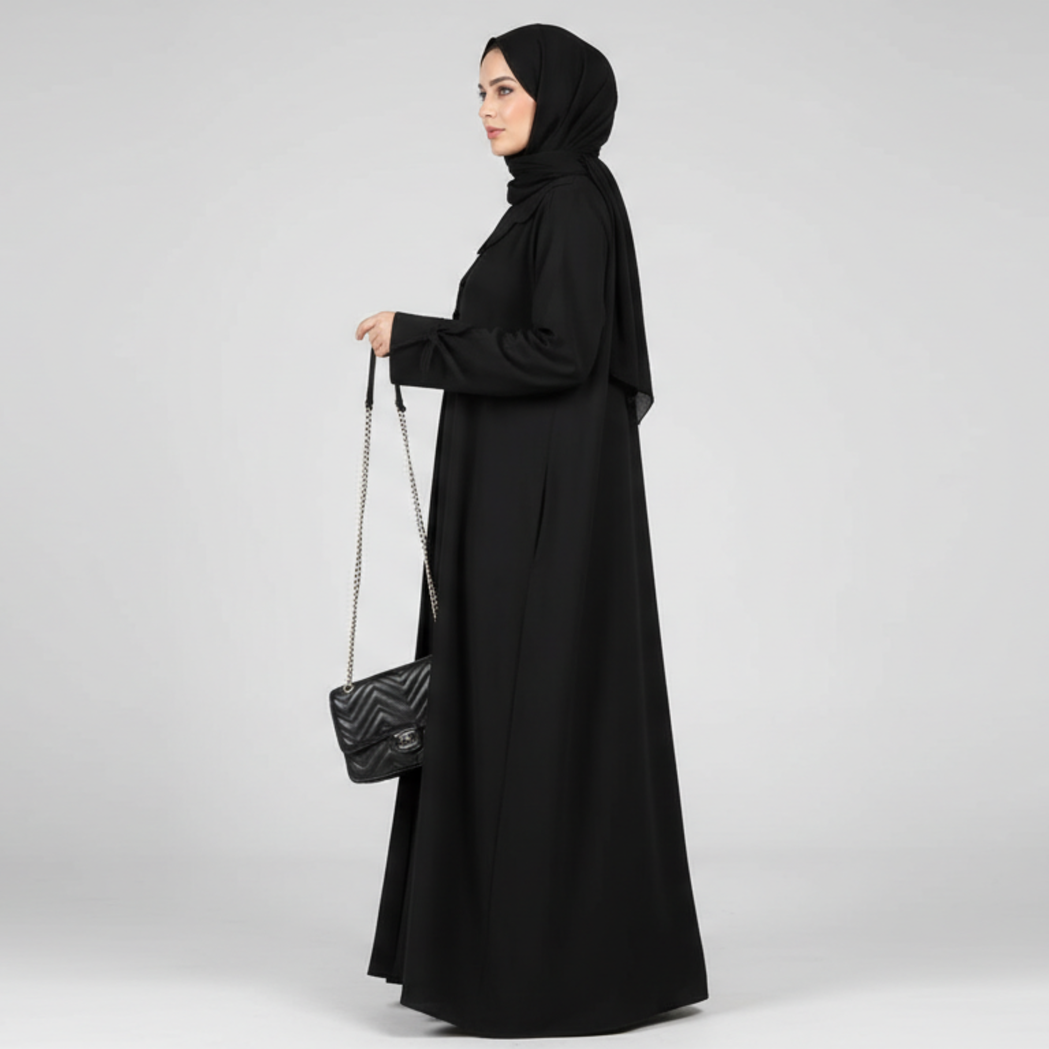 Petal Collar Buttoned Abaya- Black
