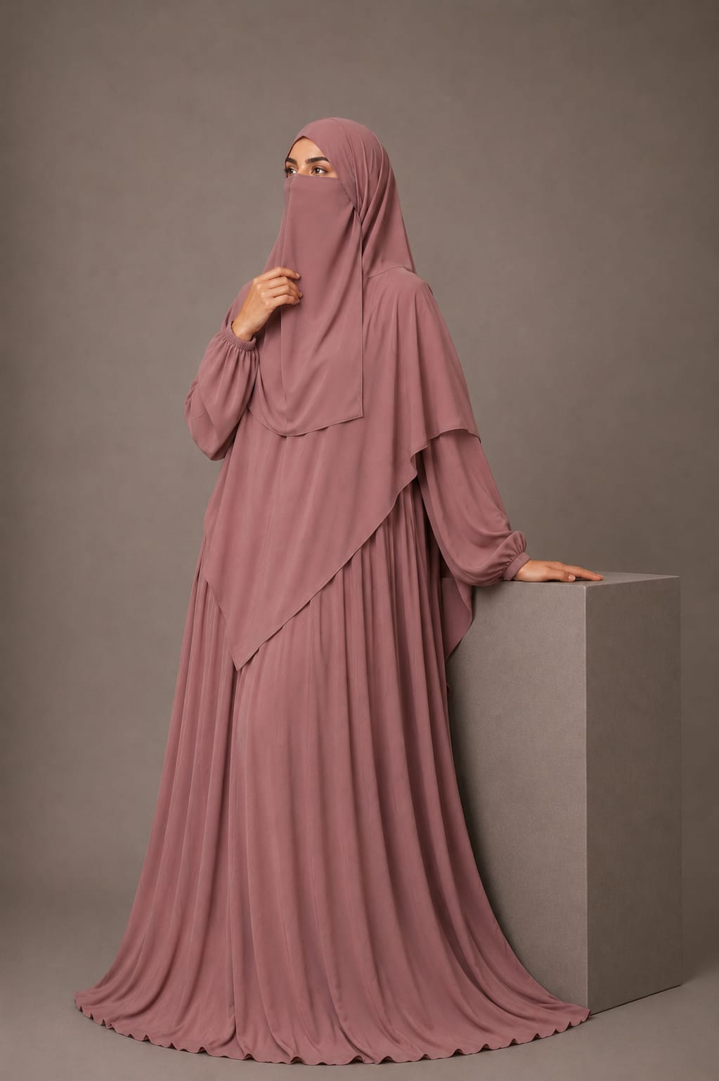 3 Piece Abaya Set (Abaya  Khimar  Niqab) - Rosewood