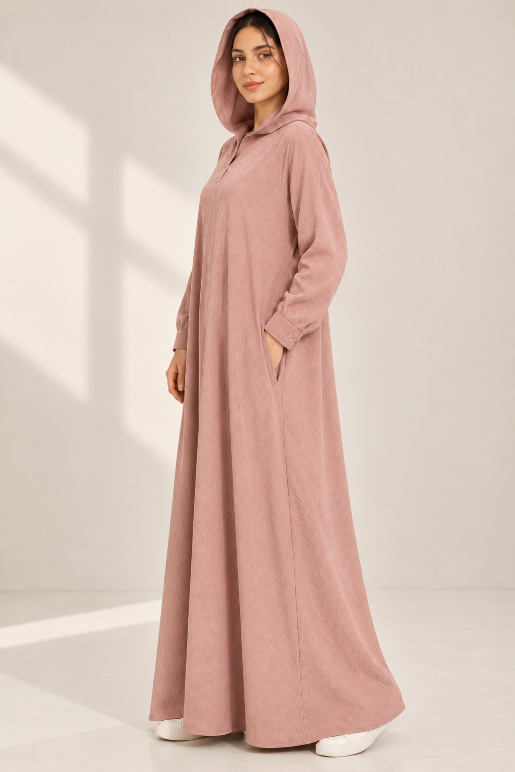 Textured Hooded Abaya-Blush Rose