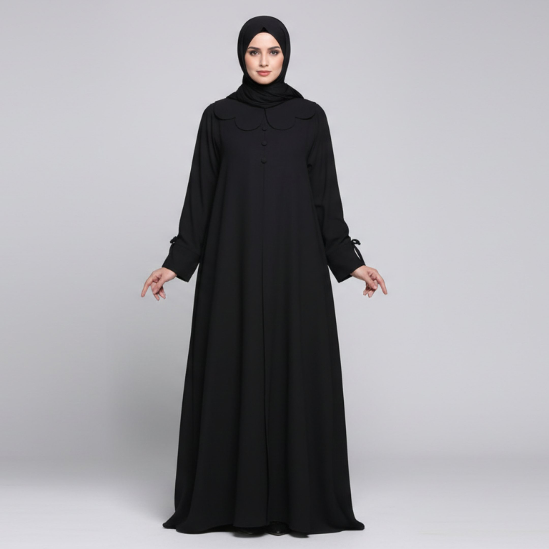 Petal Collar Buttoned Abaya- Black