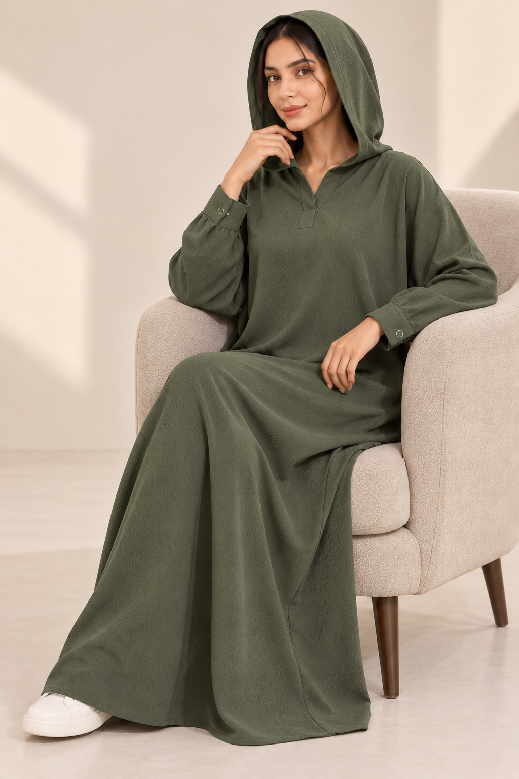 Textured Hooded Abaya – Olive Grace
