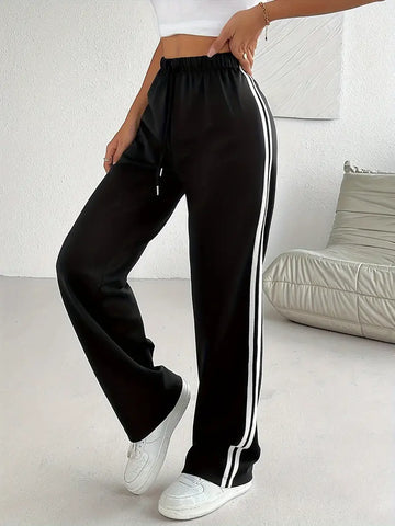 DOUBLE STRIPPED STRAIGHT LEG PANTS - BLACK