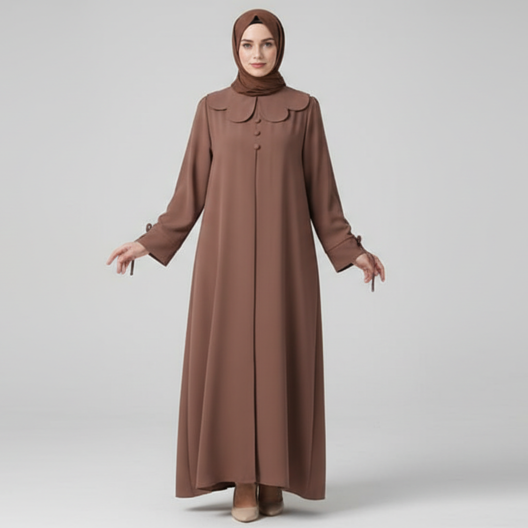 Petal Collar Buttoned Abaya- Brown