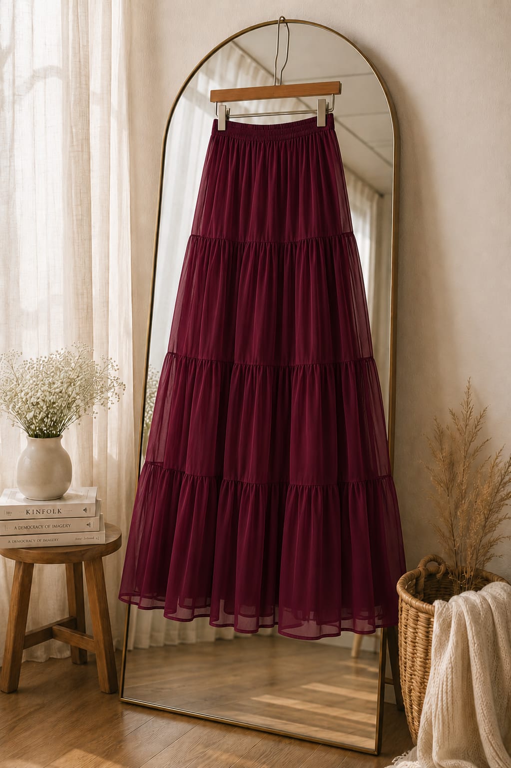 Cherry - 3 Tiered Chiffon Skirt - Maroon