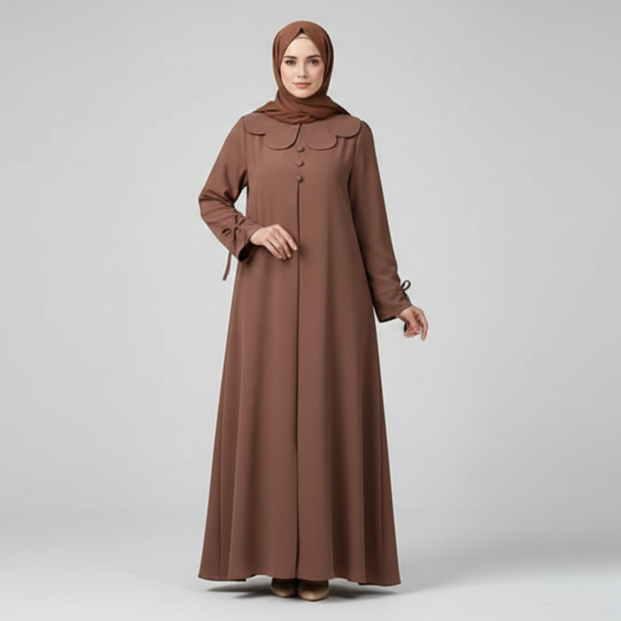 Petal Collar Buttoned Abaya- Brown