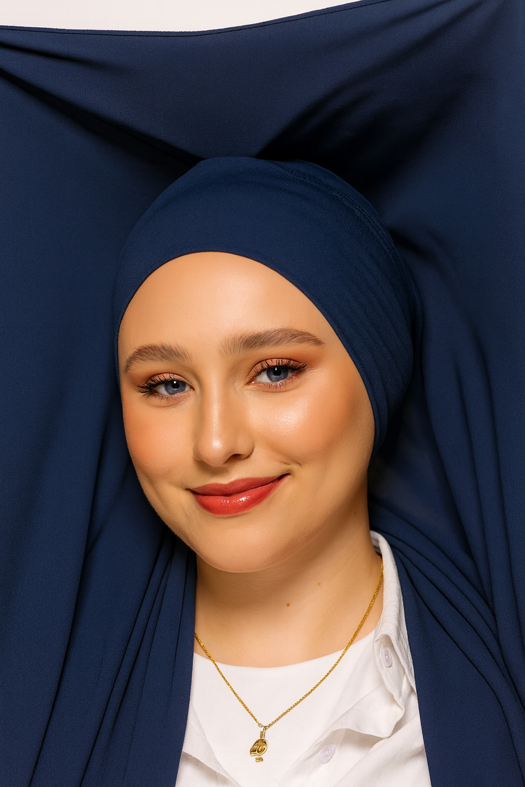 GEORGETTE HIJAB WITH ATTACHED CAP  MAGNETS- NAVY BLUE