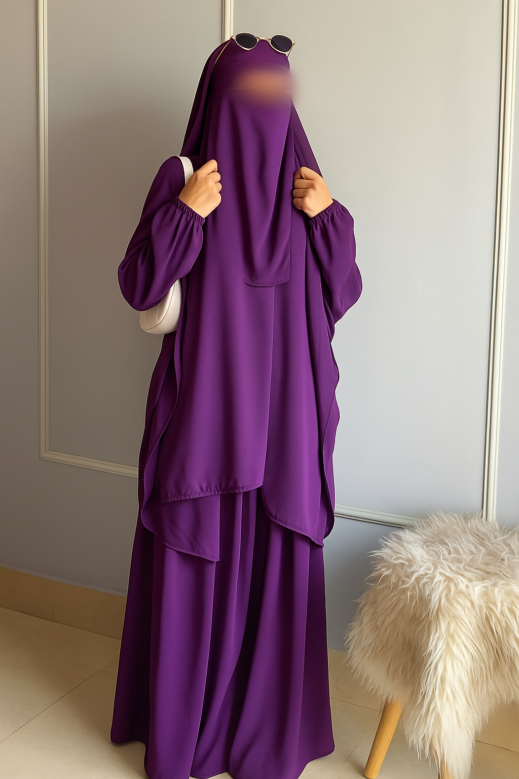 3 Piece Jilbab Set (Jilbab + Skirt + Khimar) -Purple