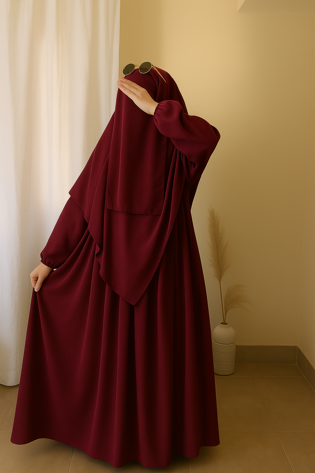 3 Piece Abaya Set (Abaya + Khimar + Niqab) - MAROON