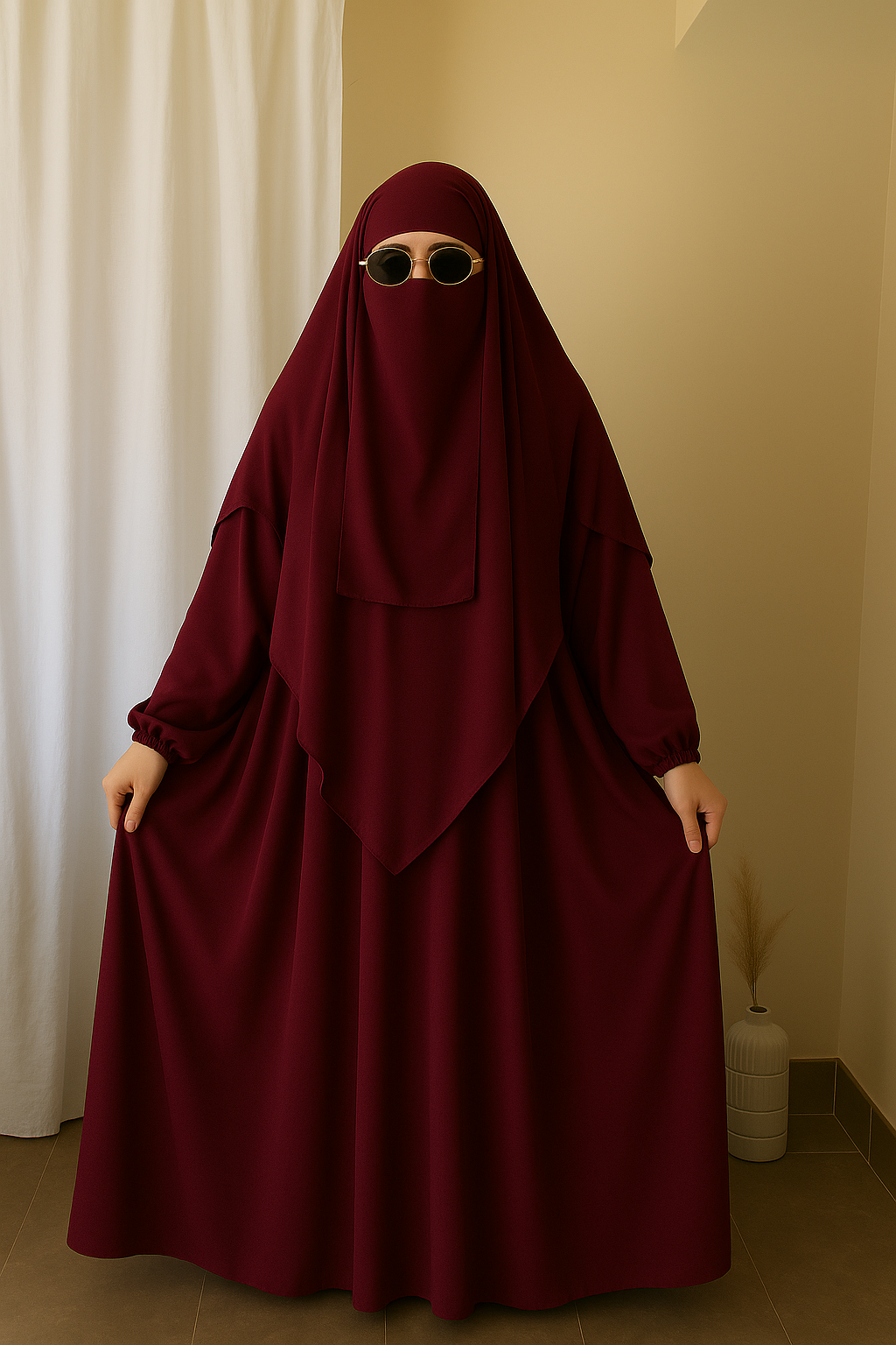 3 Piece Abaya Set (Abaya + Khimar + Niqab) - MAROON