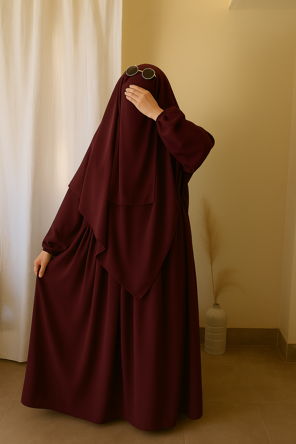 3 Piece Abaya Set (Abaya + Khimar + Niqab) - BURGUNDY