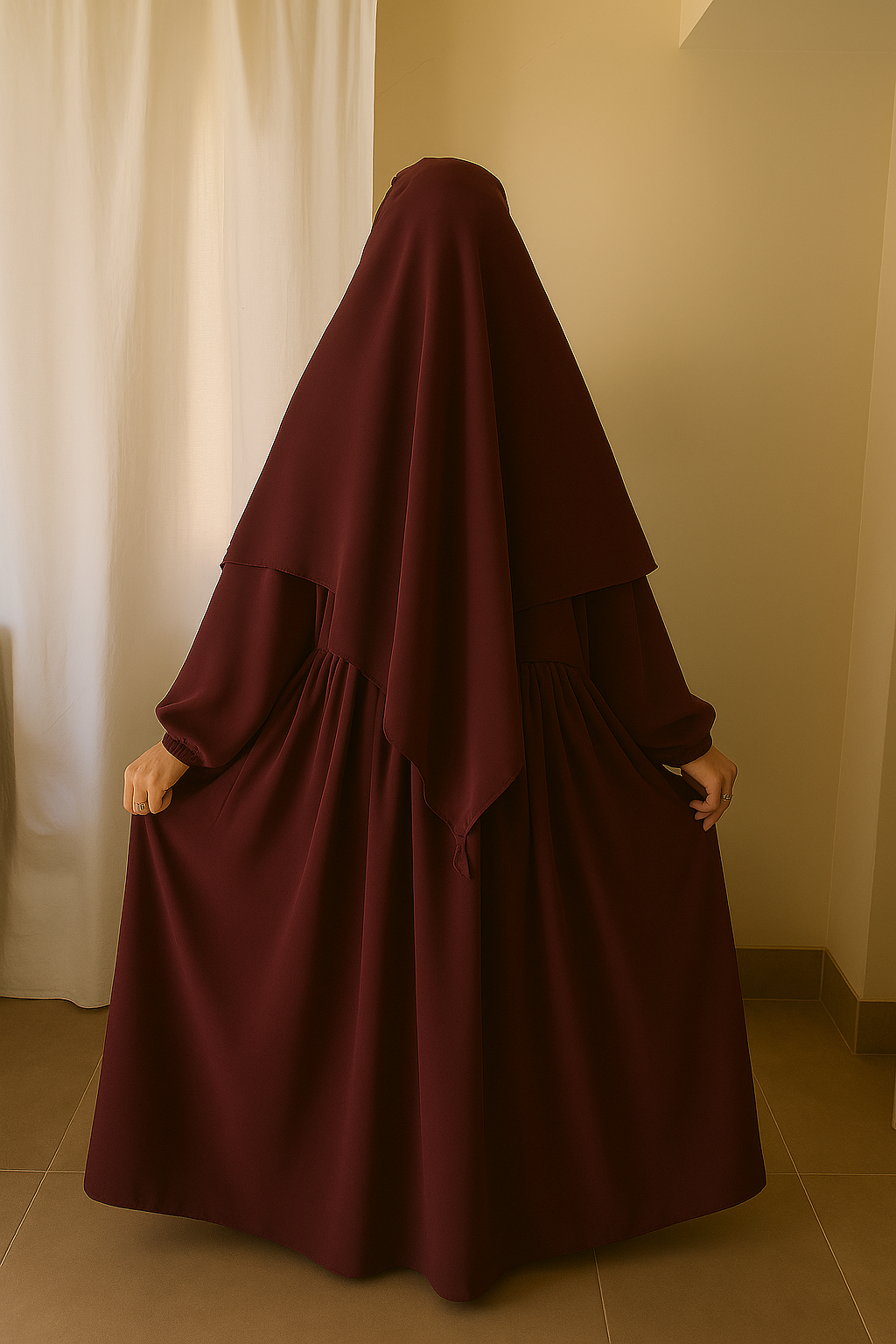 3 Piece Abaya Set (Abaya + Khimar + Niqab) - BURGUNDY