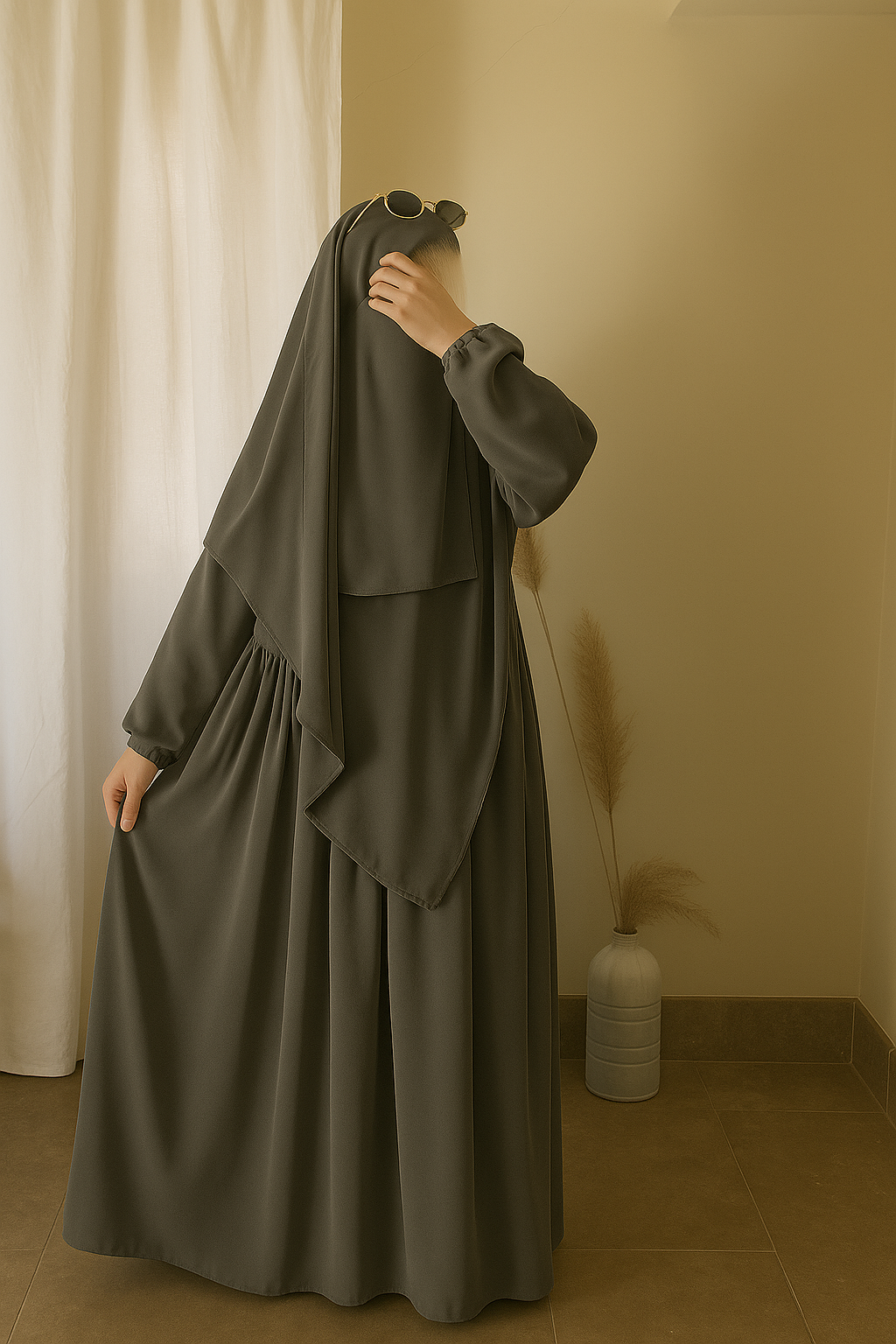3 Piece Abaya Set (Abaya + Khimar + Niqab) - GREY