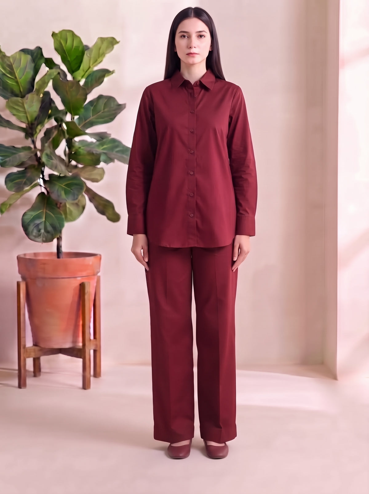 Button-Down Co-Ord Set - Maroon