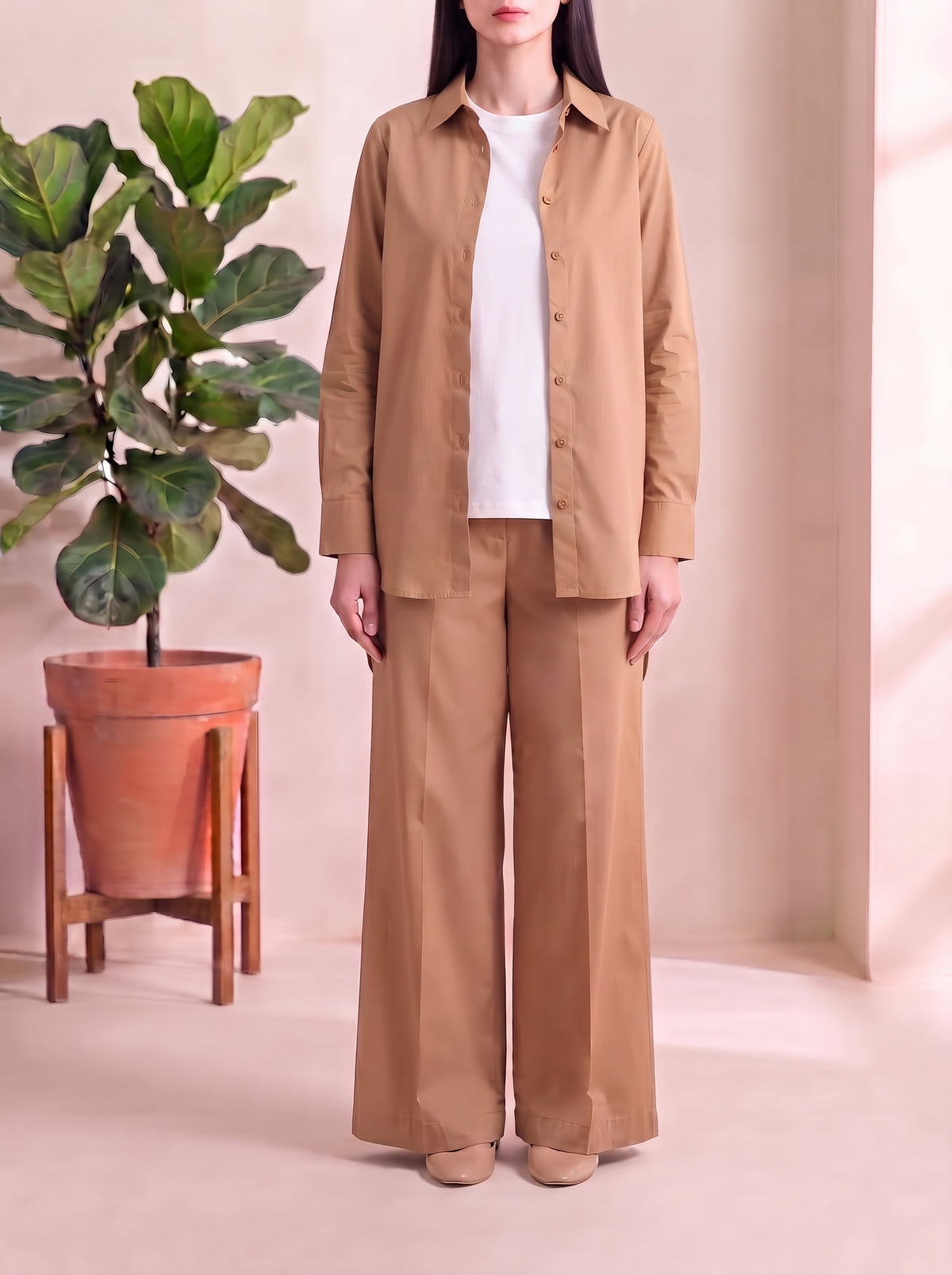 Button-Down Co-Ord Set - Tan
