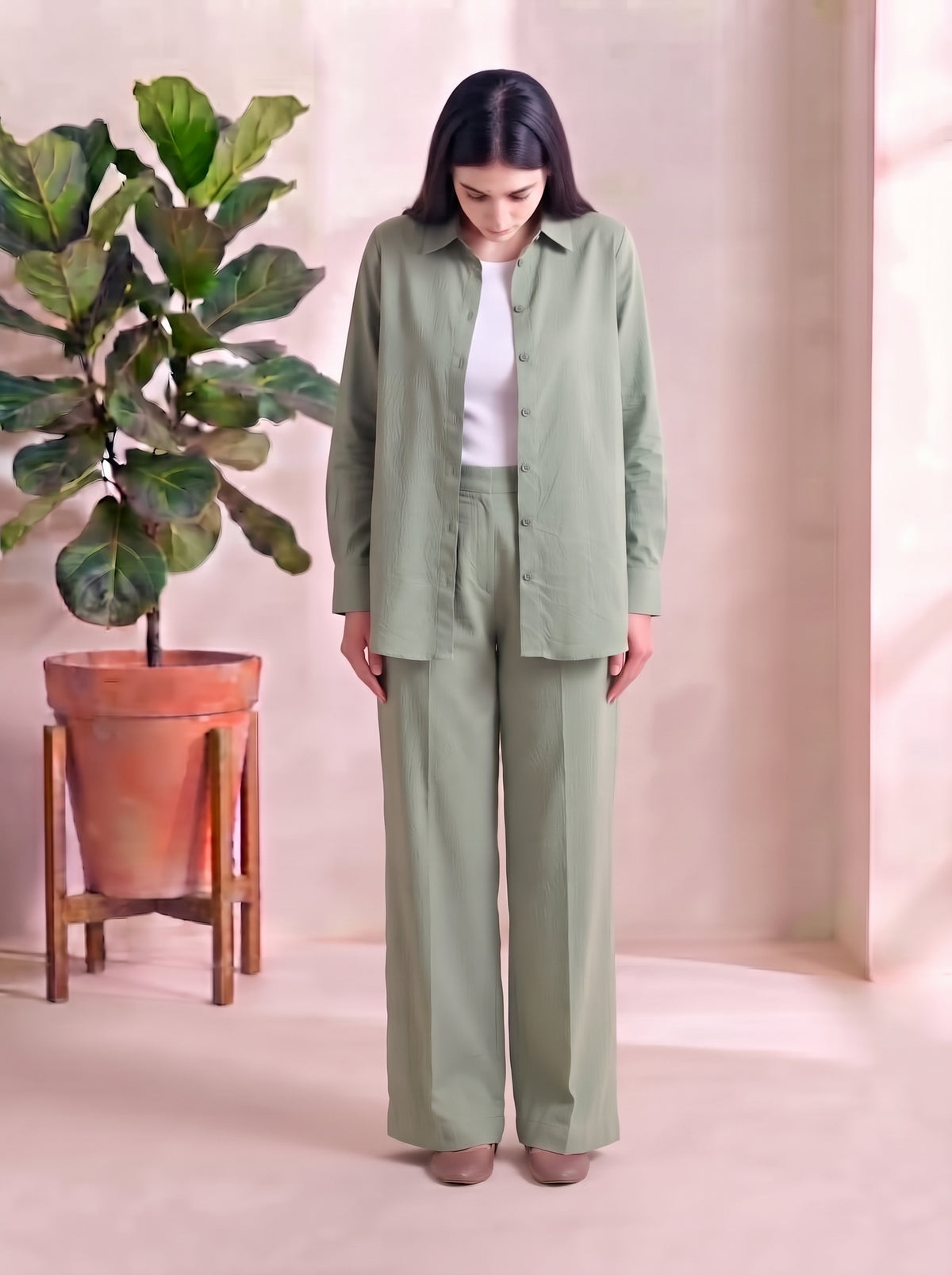 Button-Down Co-Ord Set - Sage Green