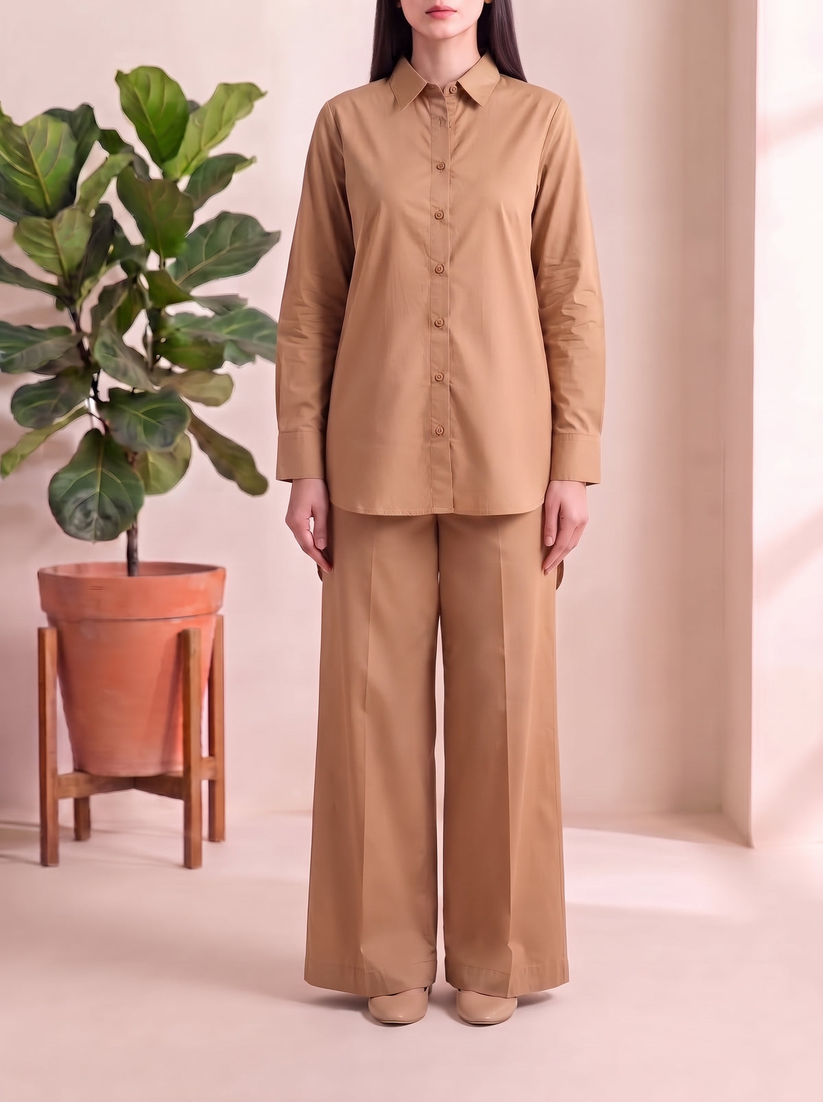 Button-Down Co-Ord Set - Tan