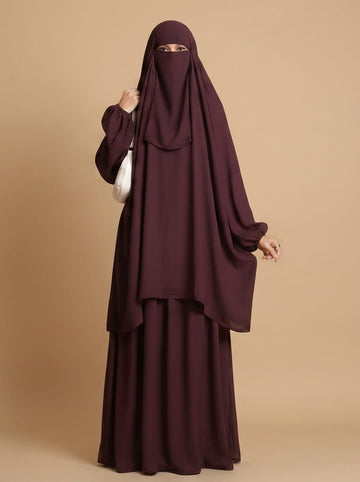 3 Piece Jilbab Set (Jilbab  Skirt  Khimar) - BURGUNDY