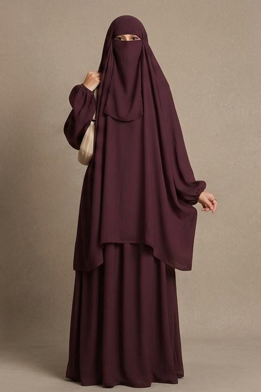 3 Piece Jilbab Set (Jilbab  Skirt  Khimar) - BURGUNDY