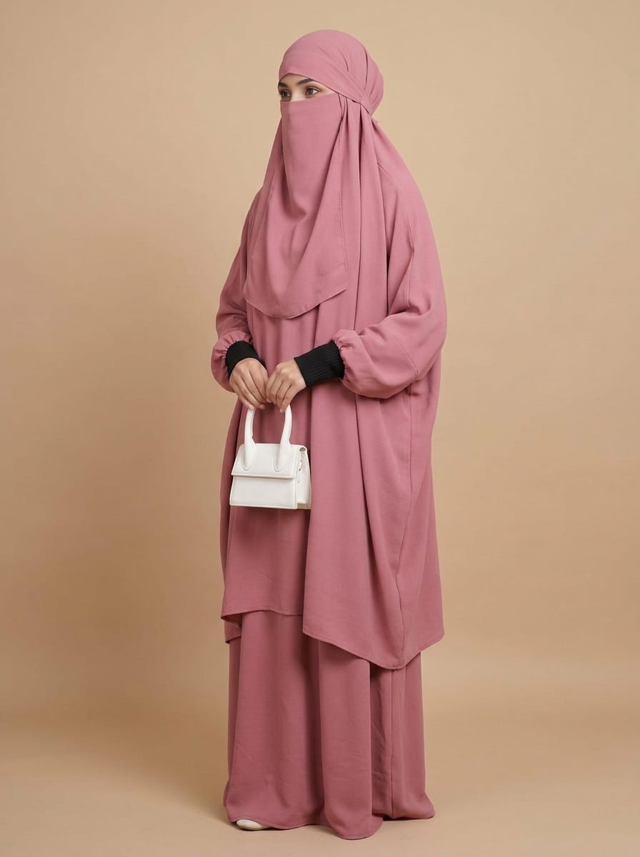 3 Piece Jilbab Set (Jilbab  Skirt  Khimar) - Pink Rose