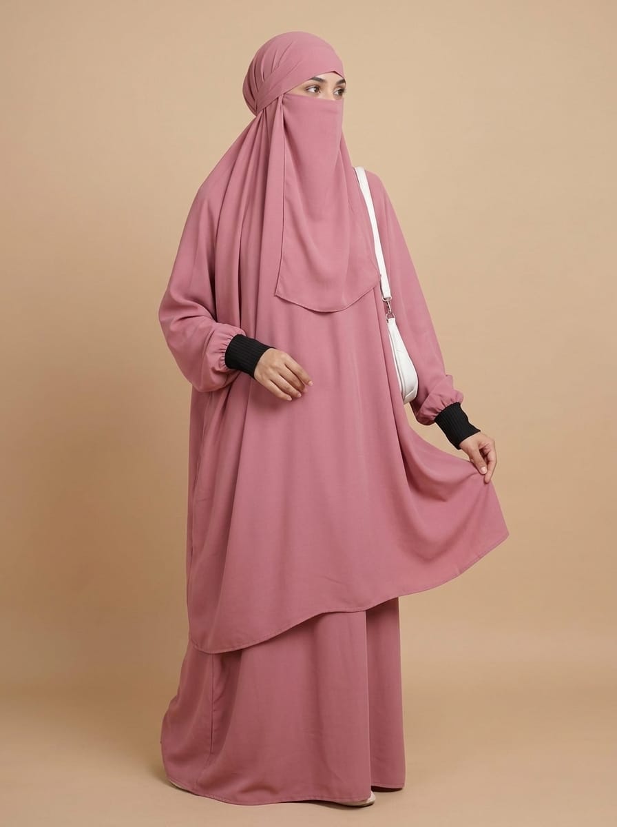 3 Piece Jilbab Set (Jilbab  Skirt  Khimar) - Pink Rose