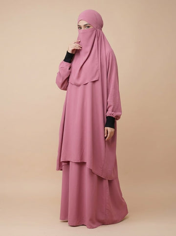 3 Piece Jilbab Set (Jilbab  Skirt  Khimar) - Pink Rose