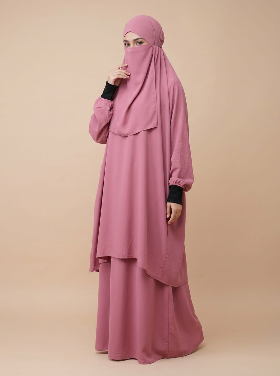 3 Piece Jilbab Set (Jilbab  Skirt  Khimar) - Pink Rose