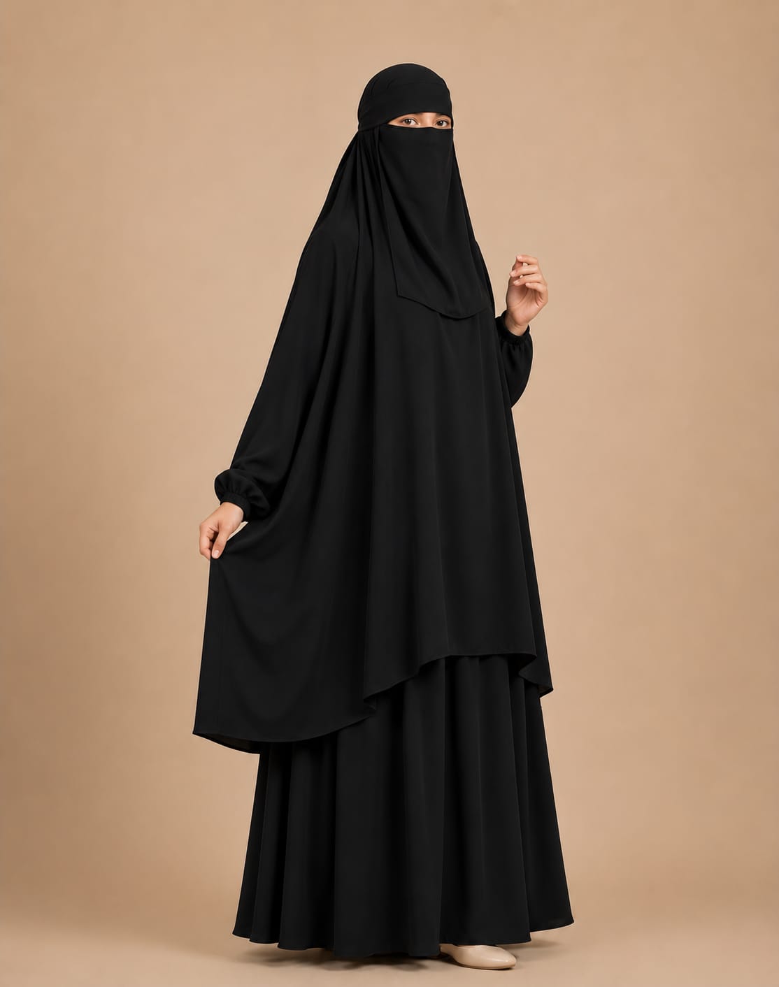 3 Piece Jilbab Set (Jilbab  Skirt  Khimar) - Black