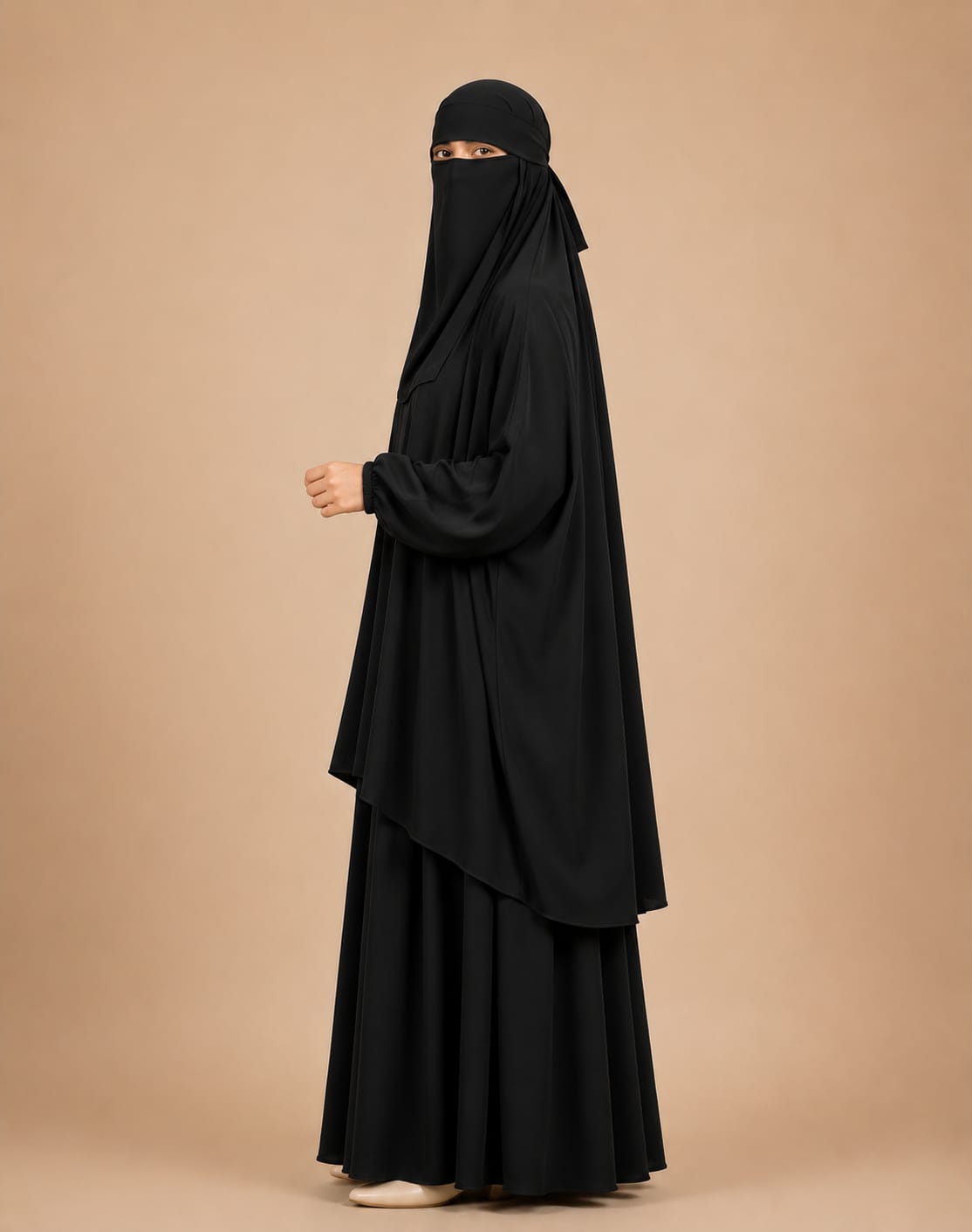 3 Piece Jilbab Set (Jilbab  Skirt  Khimar) - Black