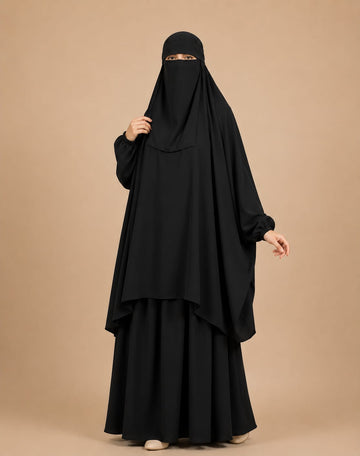 3 Piece Jilbab Set (Jilbab  Skirt  Khimar) - Black