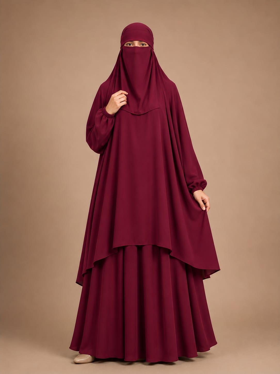3 Piece Jilbab Set (Jilbab  Skirt  Khimar) - CHERRY