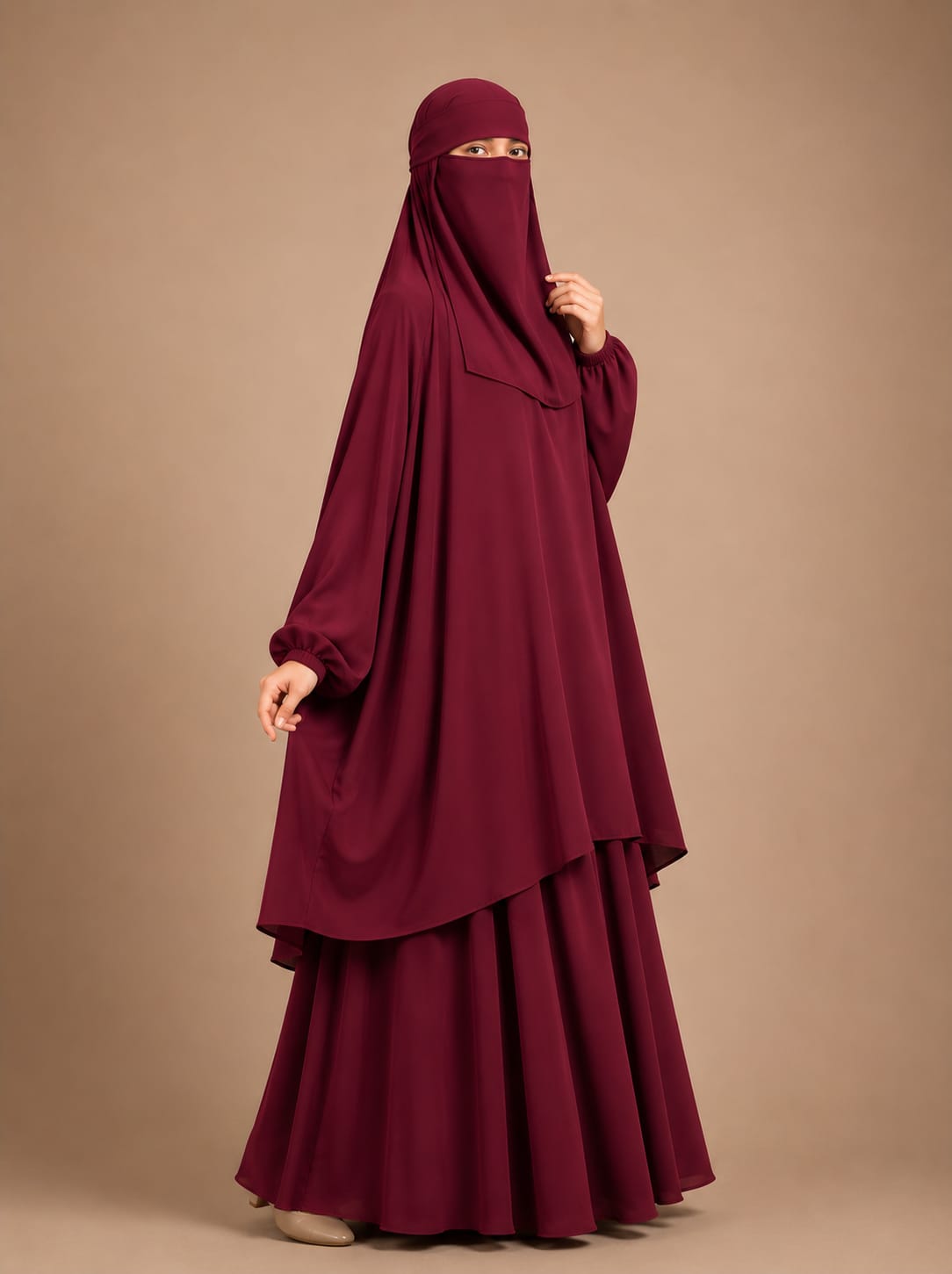 3 Piece Jilbab Set (Jilbab  Skirt  Khimar) - CHERRY