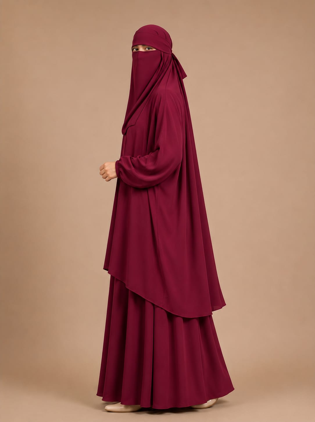 3 Piece Jilbab Set (Jilbab  Skirt  Khimar) - CHERRY