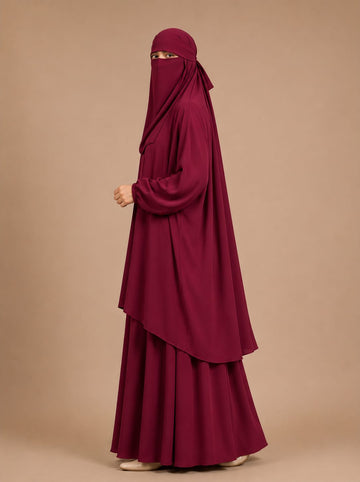 3 Piece Jilbab Set (Jilbab  Skirt  Khimar) - CHERRY