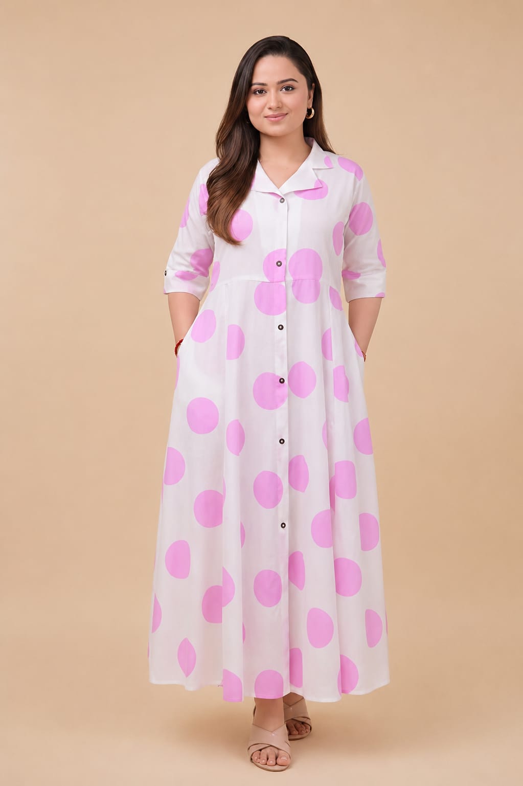 Pink Polka Dots Cotton A Line Dress