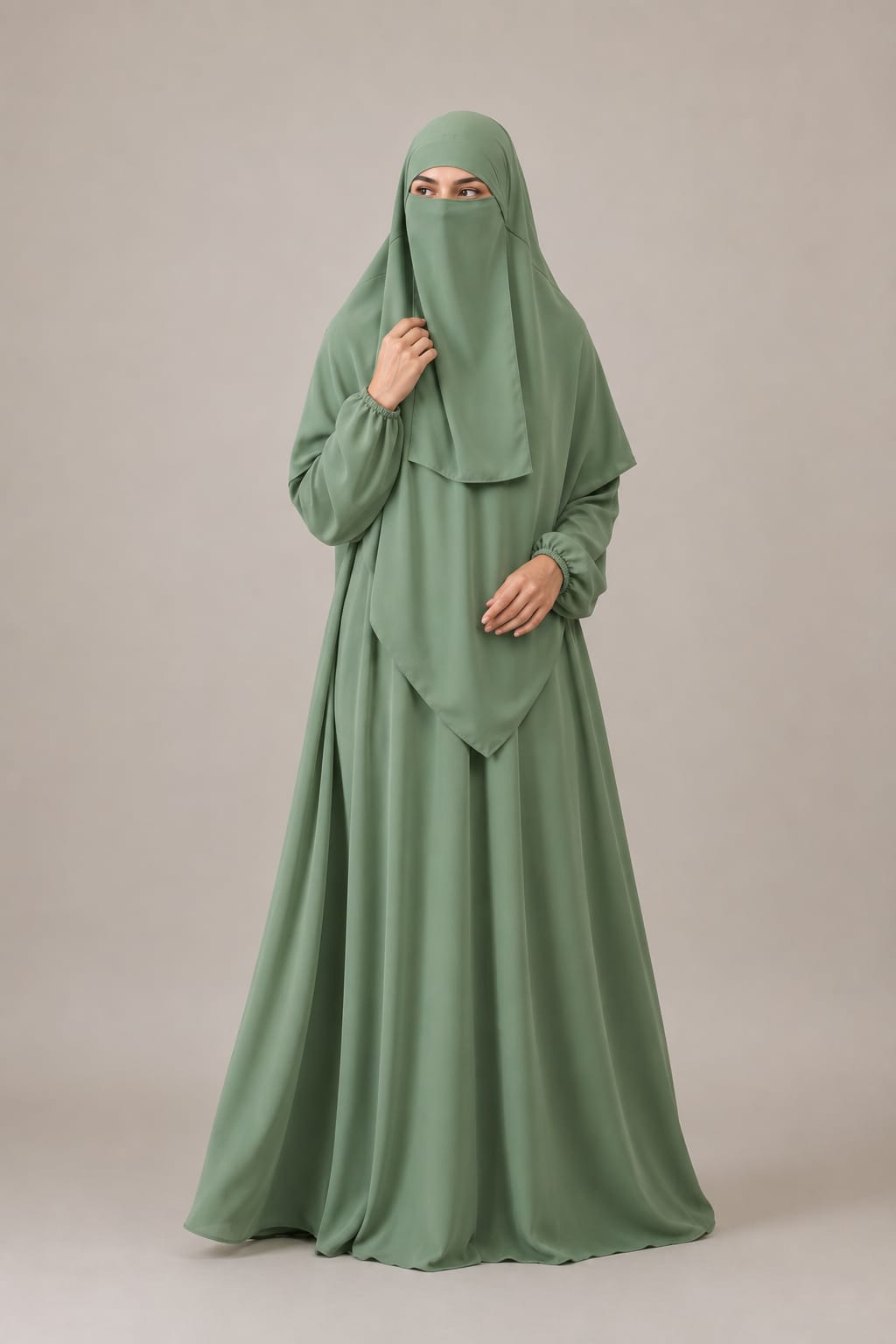 3 Piece Abaya Set (Abaya  Khimar  Niqab) - SAGE
