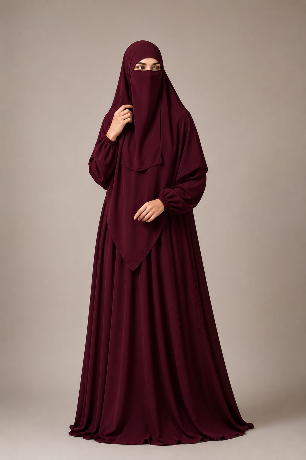 3 Piece Abaya Set (Abaya  Khimar  Niqab) - Maroon