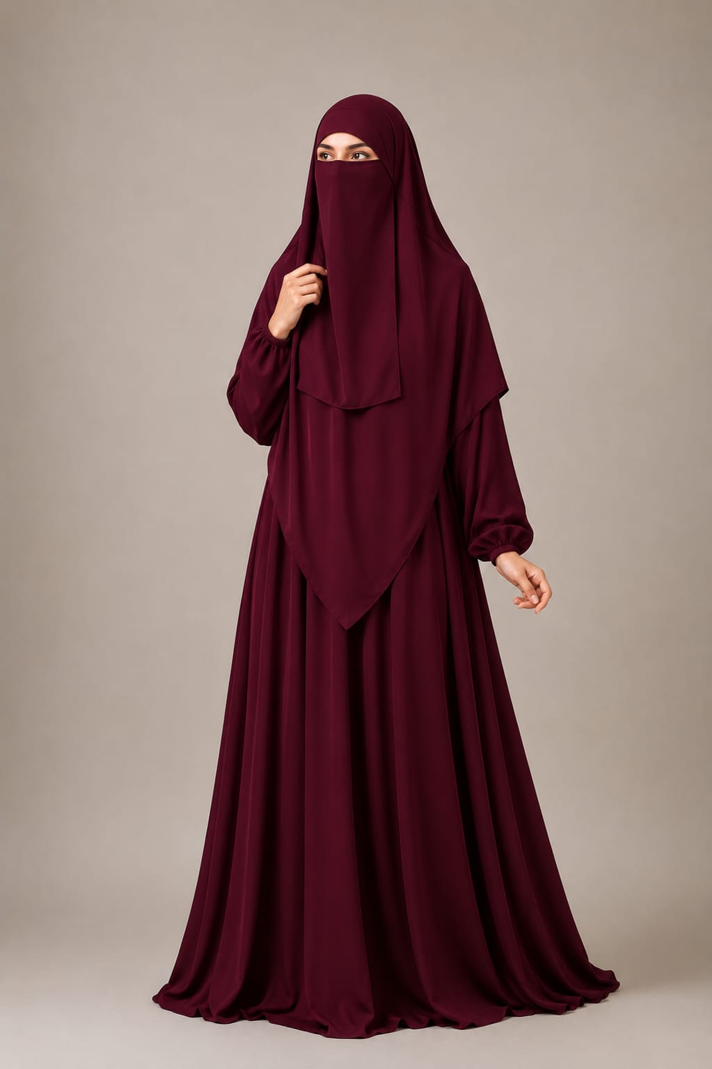 3 Piece Abaya Set (Abaya  Khimar  Niqab) - Maroon