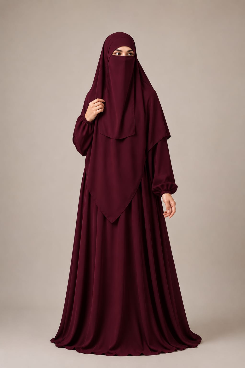 3 Piece Abaya Set (Abaya  Khimar  Niqab) - Maroon