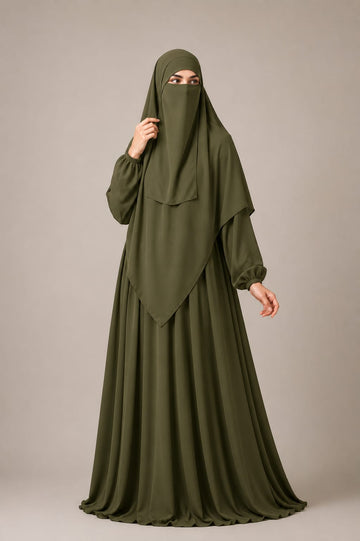 3 Piece Abaya Set (Abaya  Khimar  Niqab) - Olive